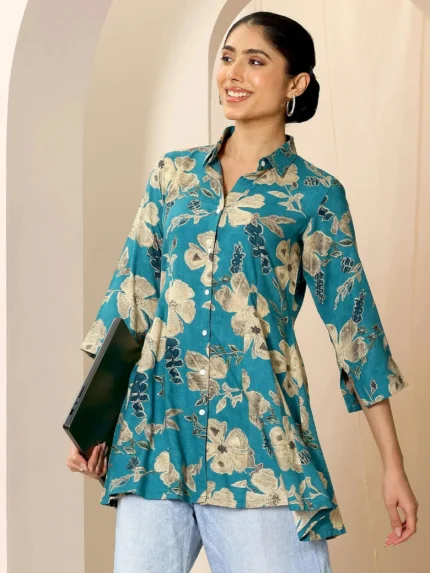 Multicoloured Printed Viscose Rayon A-line Short Kurti