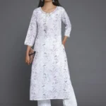Off White Printed Cotton Straight Kurta