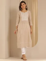 Beige Embroidered Cotton Blend Straight Kurta - Image 4